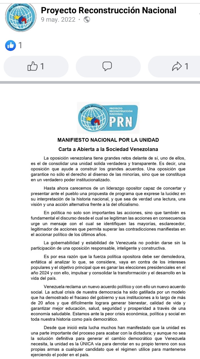 Part 1 of the manifesto of the Venezuelan right-wing nationalist organization PRN founded by Carlos Fermín posted on Facebook on May 9, 2022 and later deleted.