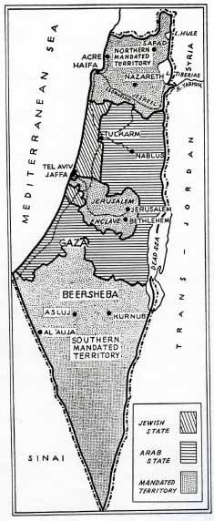 This map shows the Palestine Partition Commission Plan in 1938 for the territories split up between the Jewish state, Arab state and mandated territory