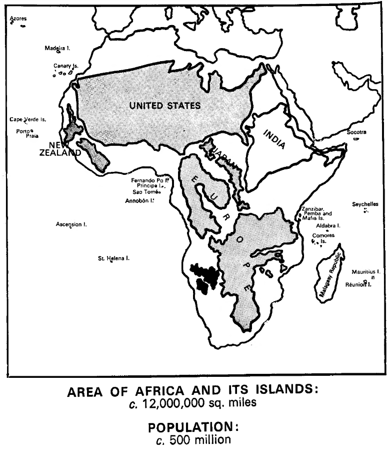 A map of Africa containing outlines of the USA, India, Japan, Europe, and New Zealand showing that the land area of Africa could fit all of them inside of it with room to spare.