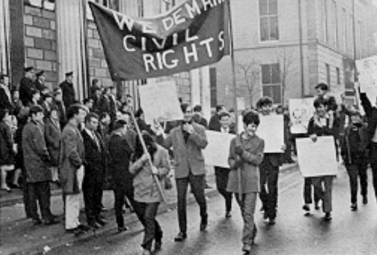 Thumbnail for File:November 1968 'We Demand Civil Rights' at Derry Courthouse from "We Shall Overcome".png