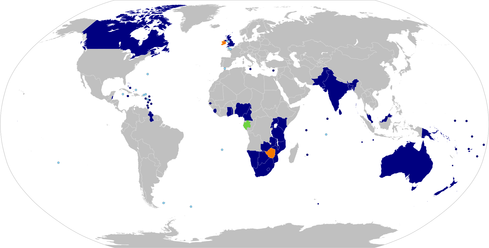 Dark Blue: Current member state Green: Suspended member state Orange: Former member states Light Blue: British Overseas Territories and Crown Dependencies