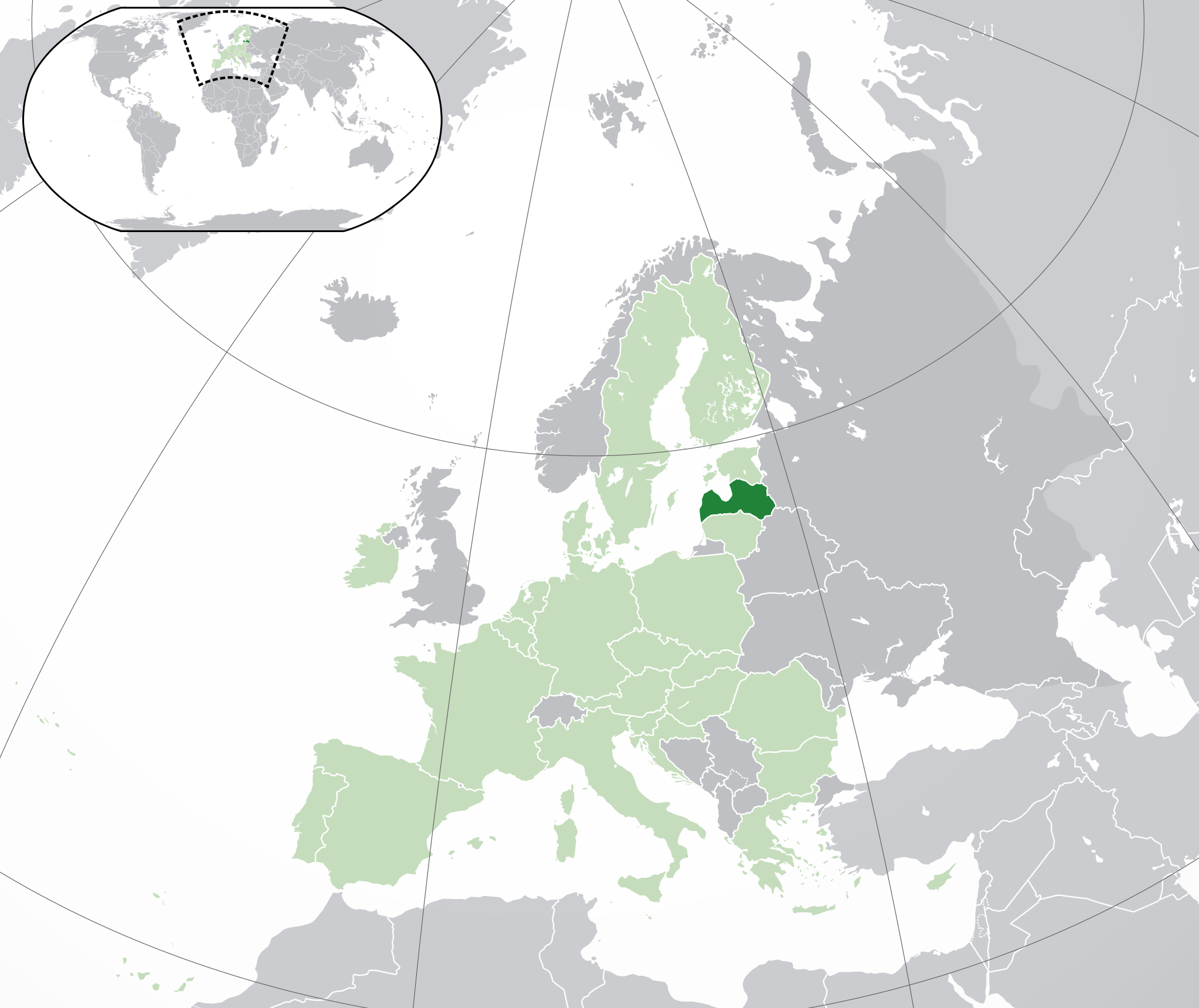 Latvia (dark green) in the European Union (light green)