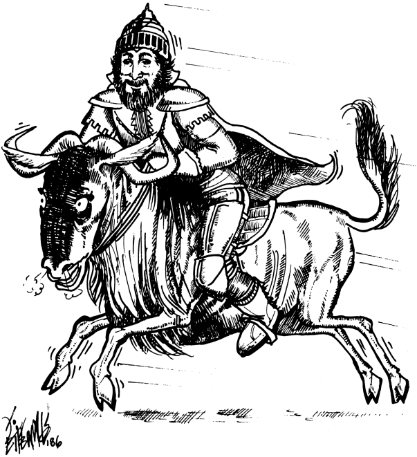 A satirical image, a knight riding an angry Gnu (the animal).