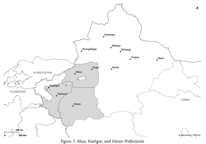 Figure 1: Aksu, Kashgar, and Hotan Prefectures