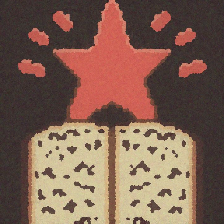 A red star hovers over an open book in a brownish background.