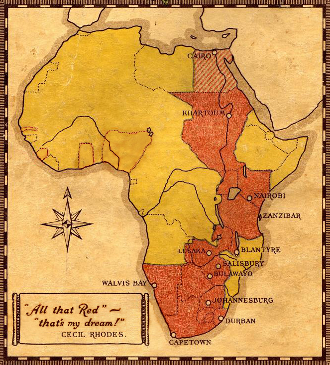 A map of Africa representing Rhodes' plans, with several countries highlighted in red, showing an unbroken British territory extending from Egypt to South Africa. A caption quoting Cecil Rhodes reads, "All that red, that's my dream!"
