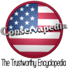 The logo of Conservapedia: An American flag with the words "The Trustworthy Encyclopedia" beneath