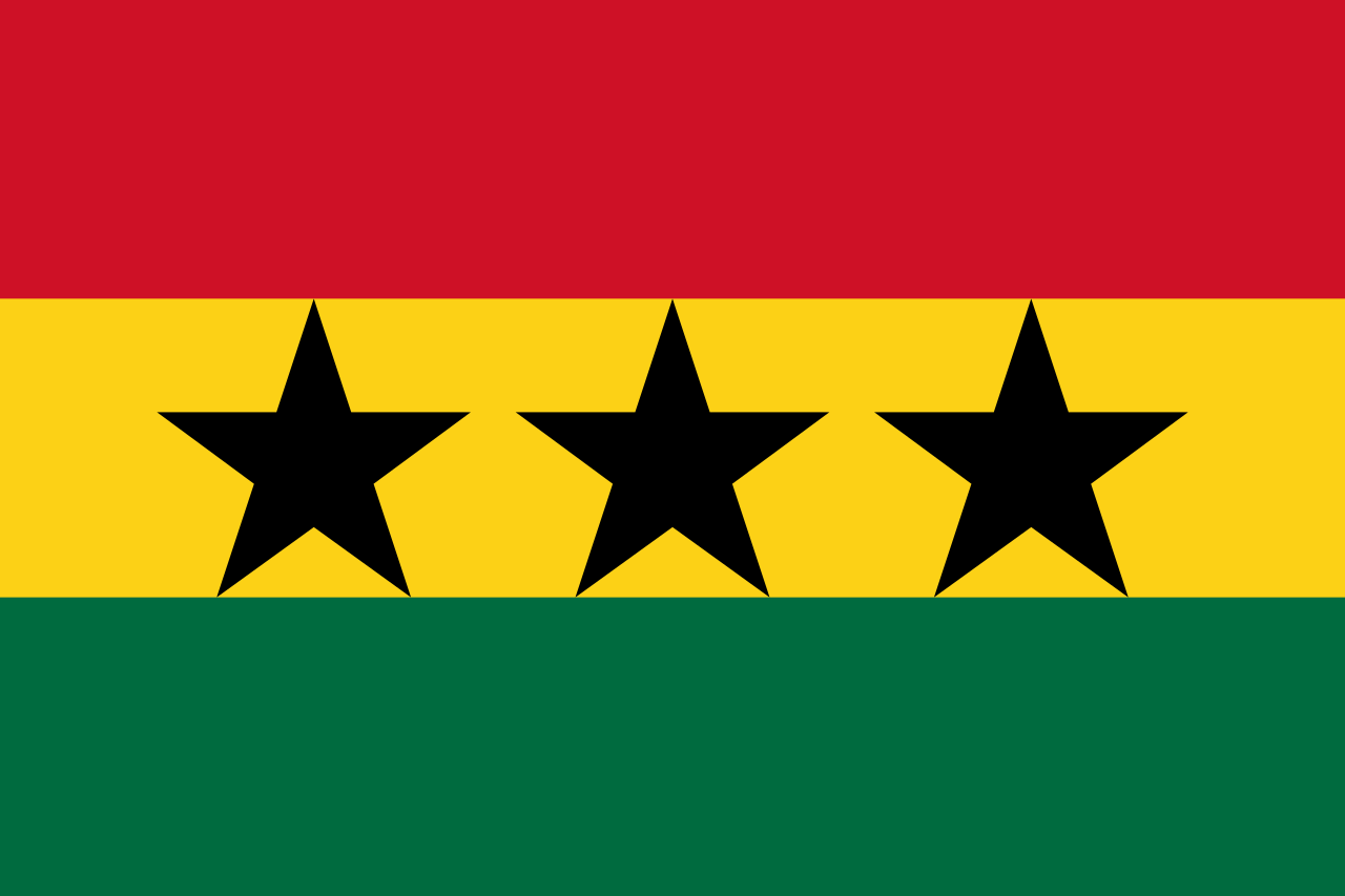 Second and last flag of the Union of African States, with the stars symbolizing Ghana, Guinea and Mali.
