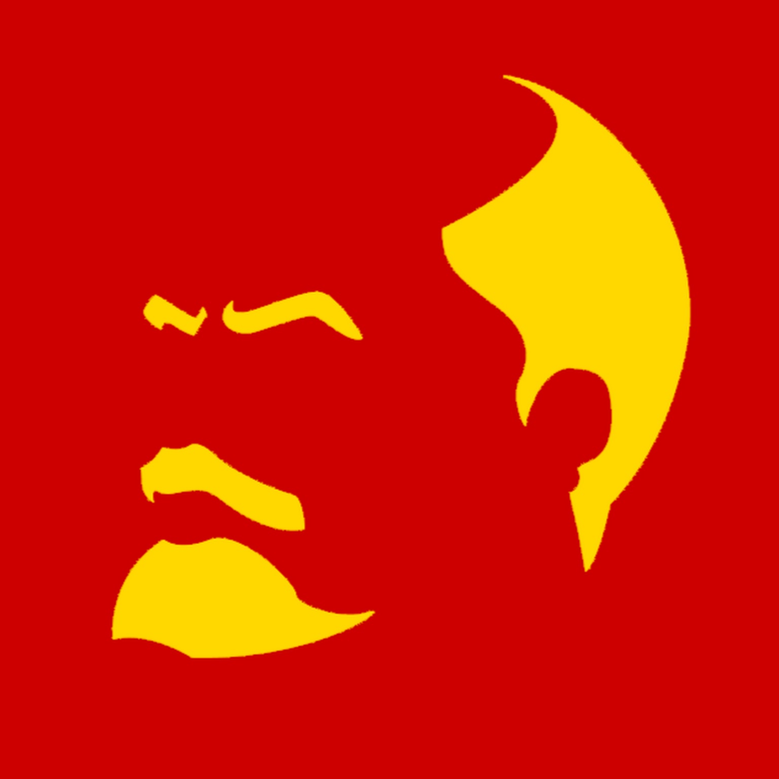 A yellow Lenin face on a red background.