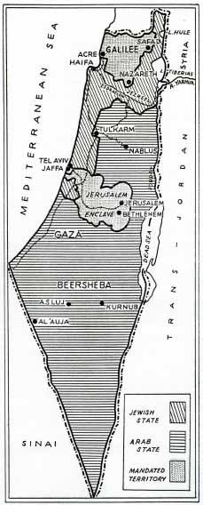 This map shows the Palestine Partition Commission Plan B in 1938 for the territories split up between the Jewish state, Arab state and mandated territory