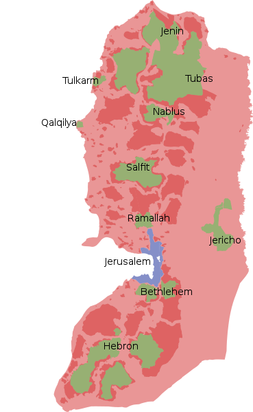 Green areas under PA control and red areas under joint PA and Zionist control
