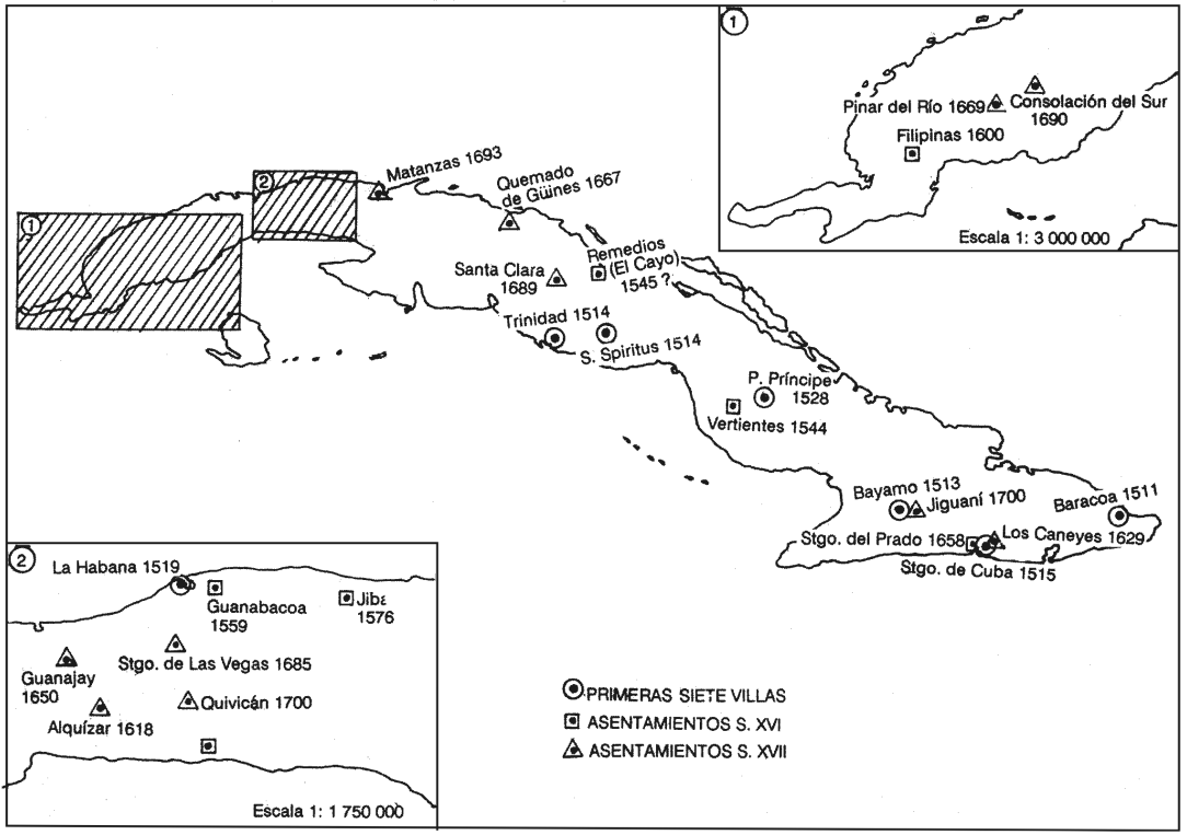 Principales asentamientos cubanos a finales del s.XVII