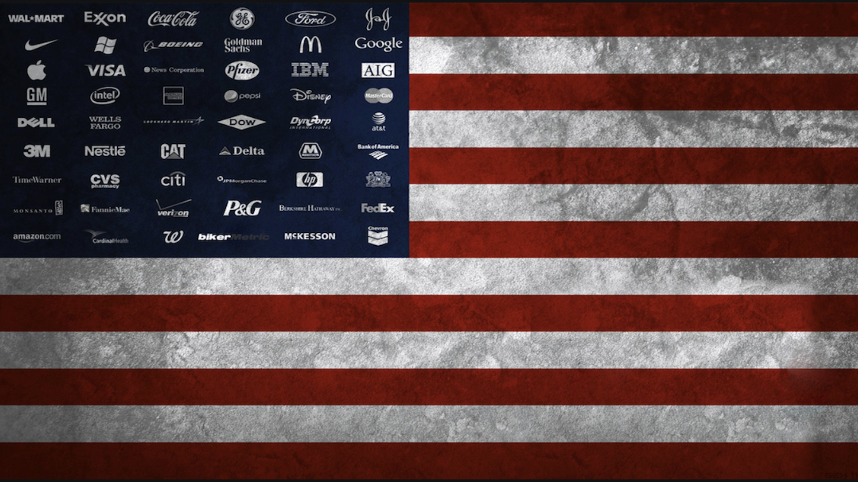 U.S. flag restyled to illustrate the plutocratic and corporatist nature of the political system
