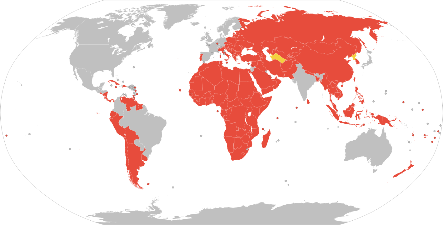 All countries that either attended a BRI summit (yellow) or who signed cooperation documents related to the BRI (red)