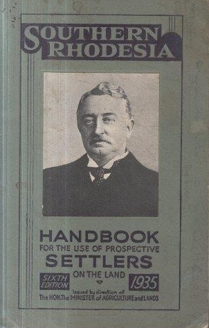Cover of a handbook for prospective settlers to Southern Rhodesia, featuring a portrait of Cecil Rhodes.