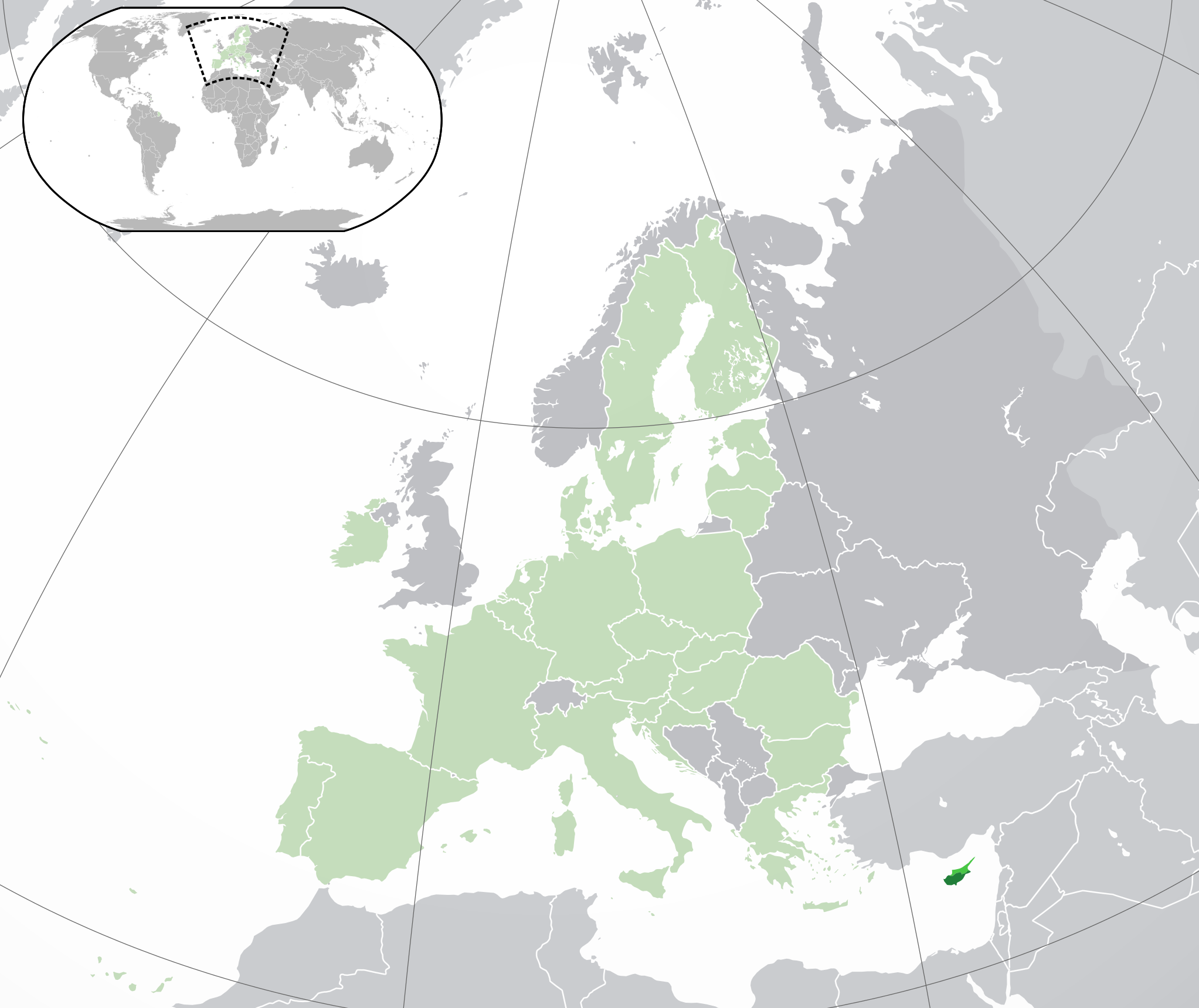 Republic of Cyprus in dark green, Northern Cyprus, in medium green, and the European Union in light green