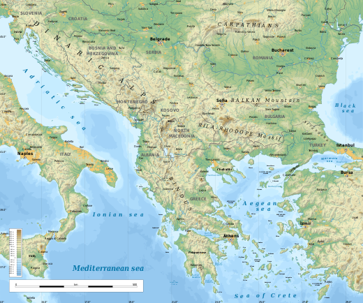 Geographic map of the Balkan Peninsula