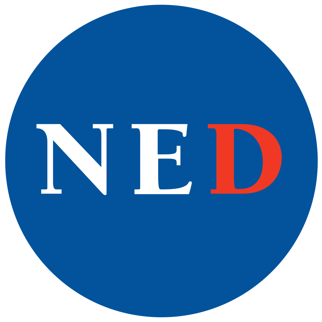 A blue circle with the capital letters NED. The N and E are white and the D is red.