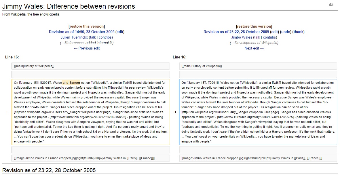 2005 October 28 Jimbo Wales edits Jimmy Wales article to remove Larry Sanger from history of Wikipedia section.jpg