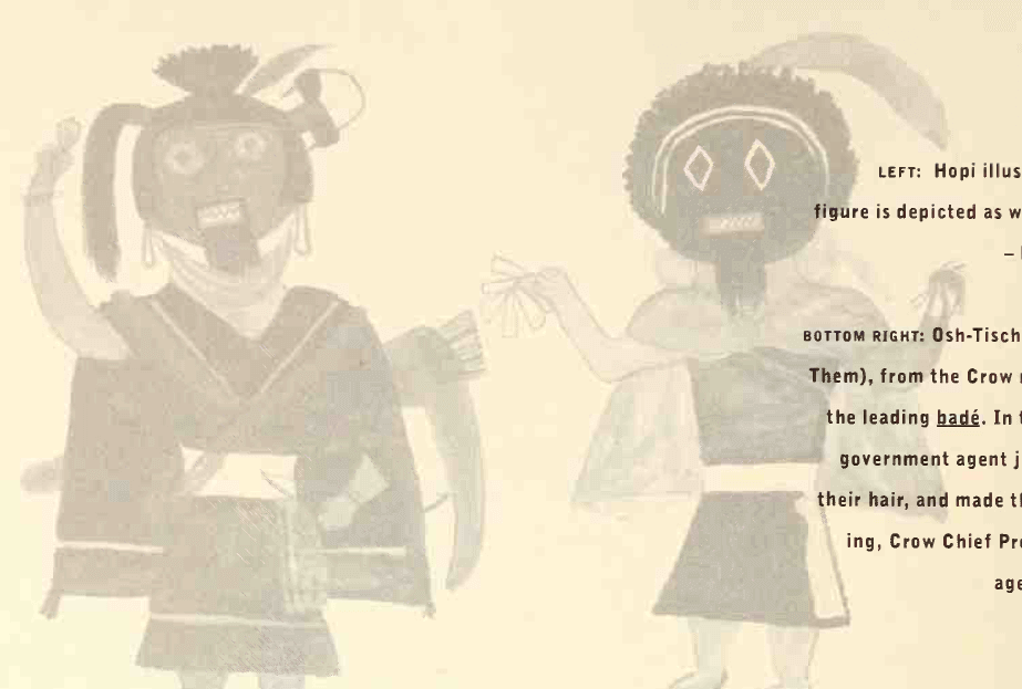 Hopi drawing of two figures one with with hair half up and half down