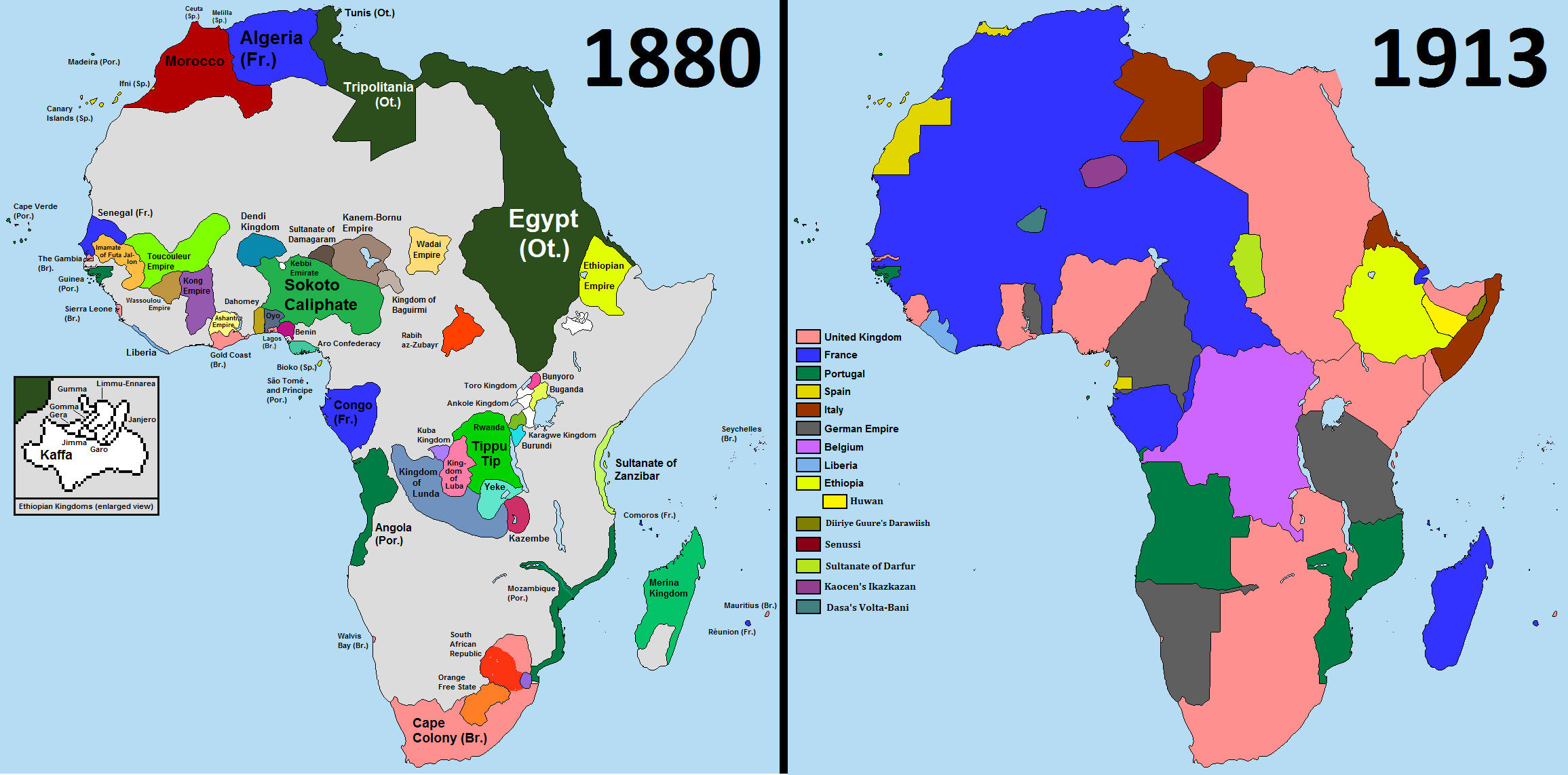 A map showing changes in African colonization from 1880 to 1913. While in 1880 there was a mixture of indigenous and colonial powers, by 1880, various colonial powers had claimed most of Africa's territory.