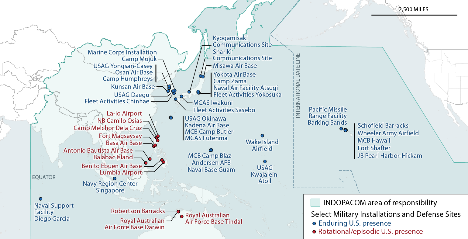 Map showing USINDOPACOM covering the Pacific and Indian Oceans and much of Asia, as well as multiple locations of U.S. bases throughout the area.