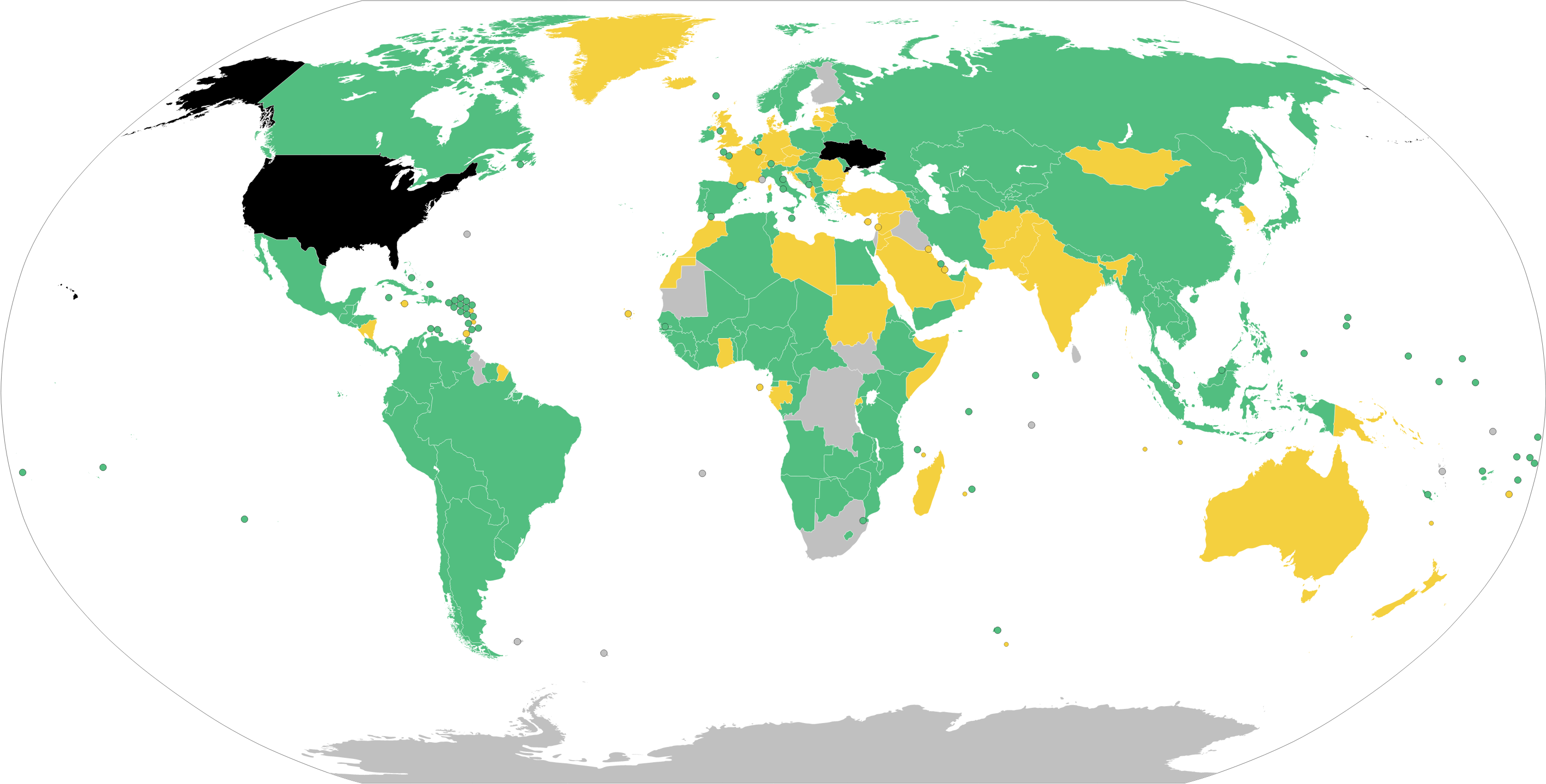 Votes on the UN resolution A/RES/75/169, "Yes"=green, "Abstained"=yellow, "Did not vote"=gray, "No"=black.