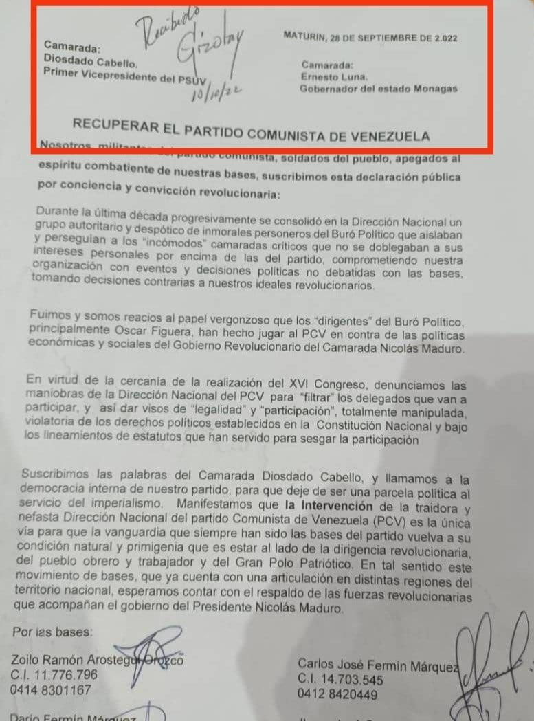 A letter from the supposed “grassroots” of the PCV to Diosdado Cabello signed by the mercenaries Zoilo Arostegui, Carlos Fermín and Darío Fermín.