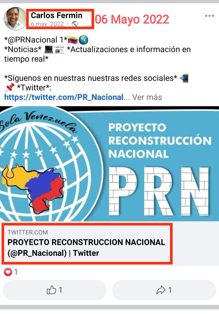 Screenshot of Carlos Fermin on May 6, 2022 promoting on Facebook the Venezuelan right-wing nationalist organization PRN which he founded. The post was later deleted.