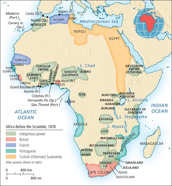 A map showing the names and locations of indigenous and colonial powers in Africa in 1876.