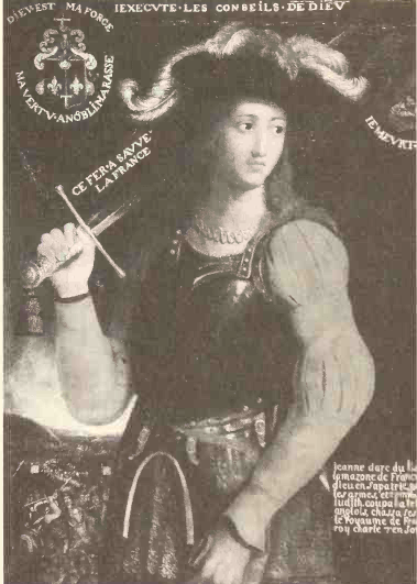 A Joan standing with a sword over her shoulder looking behind her. Her side is facing the camera