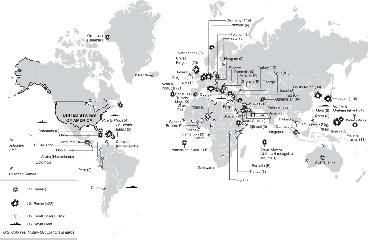 A map showing the distribution of US bases worldwide, with many in Europe, West Asia, and the Pacific region, as well as many small bases in Africa and some in Latin America.