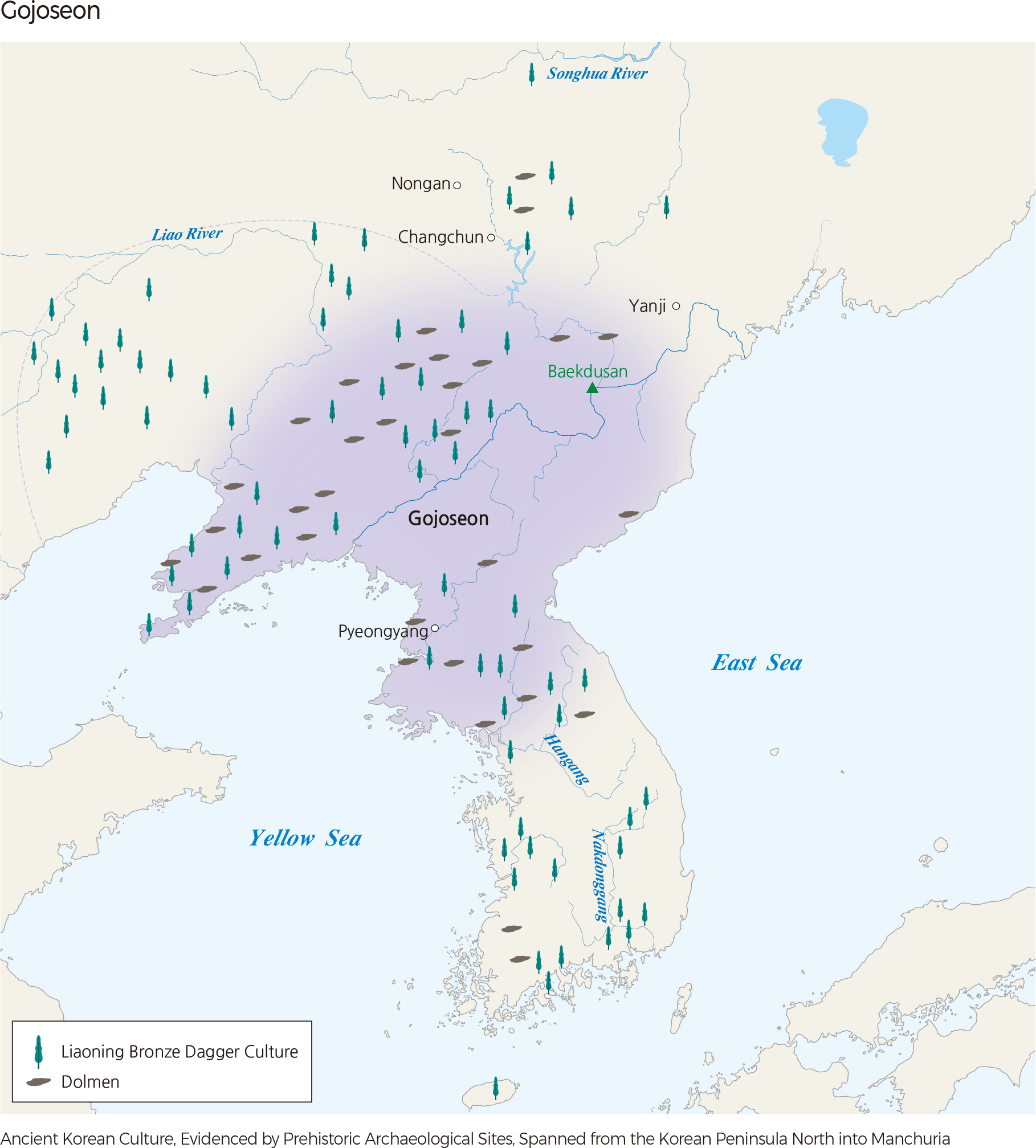 Bronze dagger and dolmen sites are distributed throughout Manchuria and the Korean Peninsula, with Gojoseon being centered in the northern part of the Korean Peninsula