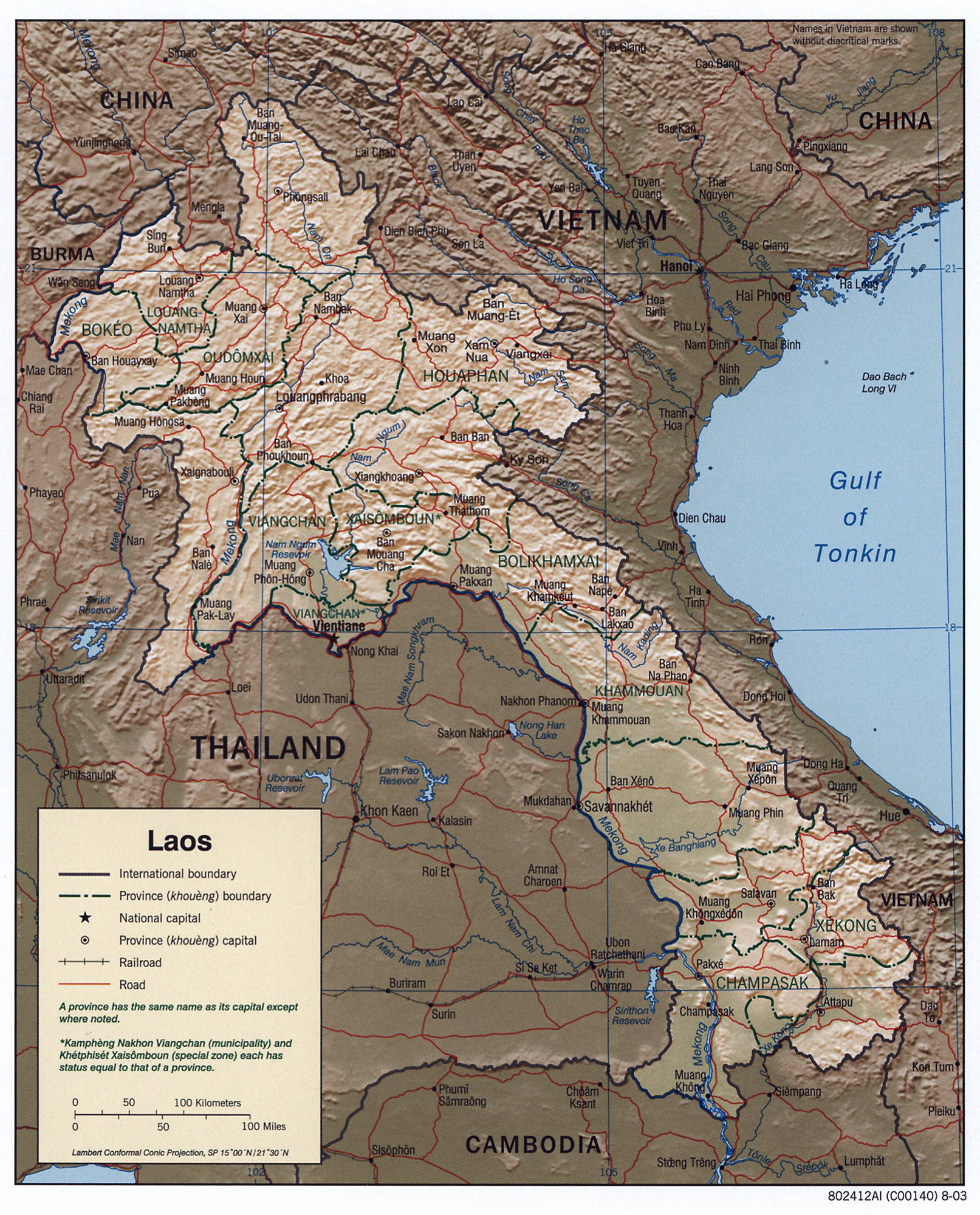 Physical Map of Laos. The North has many mountains and hills while the south is flat and tropical