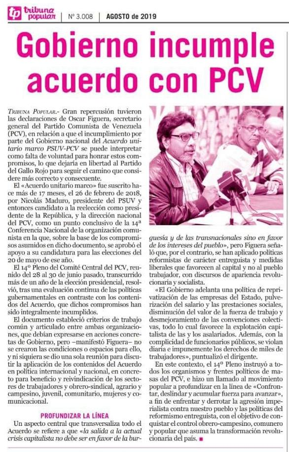 An article from the PCV's Central Committee's organ - Tribuna Popular - number 3008 from August 2019 denouncing that the PSUV has not fulfilled the PSUV-PCV Unitary Agreement.