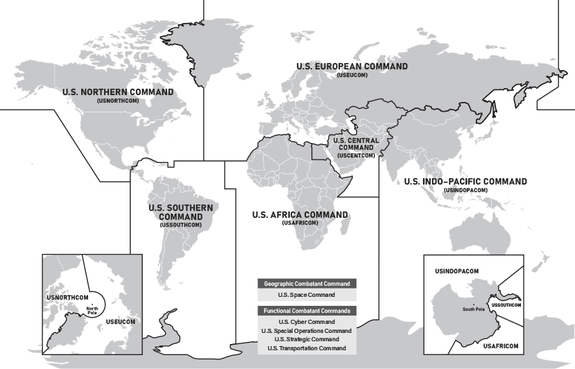 A world map divided by US combatant command, generally corresponding to major continents and regions. Includes USNORTHCOM (North America), USSOUTHCOM (South America), USEUCOM (Europe), USAFRICOM (Africa), USCENTCOM (Middle East), USINDOPACOM (Indo-Pacific).