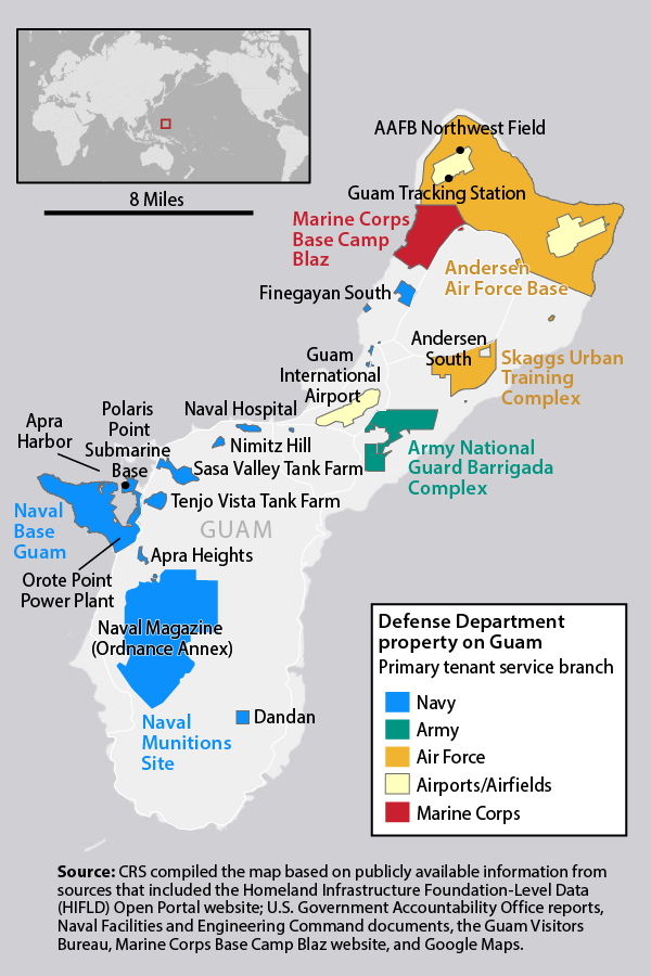 A map showing that much of Guam's land area is covered in U.S. military installations, such as Andersen Air Force Base, Naval Base Guam, Naval Munitions site, Army National Guard Barrigada Complex, Skaggs Urban Training Complex, Marine Corps Base Camp Blaz, among others.