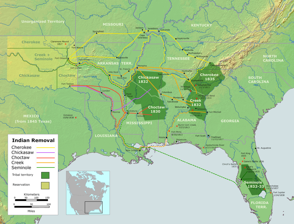 A map of the process of Indian Removal in the US, 1830–1838. Oklahoma is depicted in light yellow-green..png