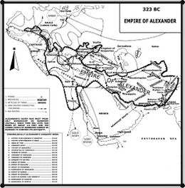 Territorial extent of Alexander’s empire in 323 BCE, including key settlements, provinces, and land and sea trade connections