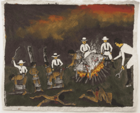 A painting depicting people being tied to posts, branded with irons, and whipped.