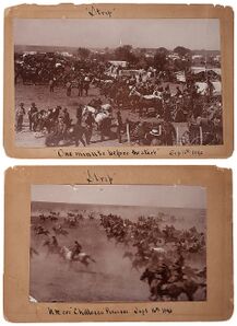 Two photos from 1893. The top photo shows settlers waiting for the race to begin, captioned "one minute before the start." The bottom photo shows settlers racing on horseback.