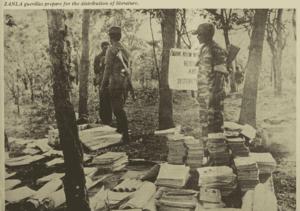 ZANLA guerrillas stand in a forest area with stacks of papers and written materials on the ground around them.
