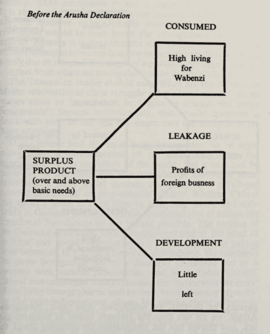Before the Arusha Declaration. A diagram shows a box labelled "Surplus Produce (over and above basic needs)." This box branches to three others: "Consumed", "Leakage", and "Development." Consumed says "high living for wabenzi", leakage says "profits of foreign business", and development says "little left."