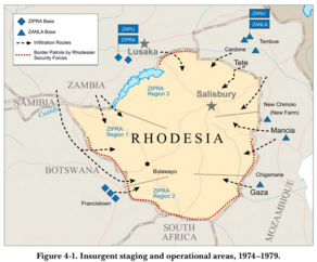 A map of Zimbabwe which shows ZANU/ZANLA bases in neighboring Mozambique and ZAPU/ZIPRA bases in neighboring Zambia as well as "infiltration routes" from those countries into Zimbabwe.