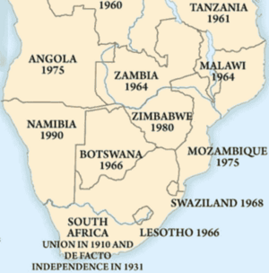 A map detail showing southern African countries with their formal dates of independence. Includes Tanzania (1961), Malawi (1964), Zambia (1964), Botswana (1966), Lesotho (1966), Swaziland (1968), Angola (1975), Mozambique (1975), Zimbabwe (1980), Namibia (1990). South Africa is labelled saying: "Union in 1910 and de facto independence in 1931."