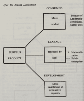 A diagram titled "After Arusha Declaration". A box labelled surplus profit branches into three others, labelled "consumed", "leakage", and "development." Consumed says "more modest" and has a note saying "because of leadership conditions, salary cuts". "leakage" says "reduced by half" with two arrows pointing to "nationalization" and "public enterprise". Development says "more investment in productive capacity".