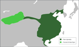 The Han Dynasty in 2 CE with the Western protectorate in light green