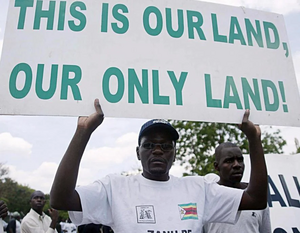 Demonstrator in Zimbabwe holds sign reading "This is our land, our only land!"