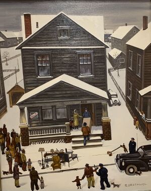 The Eviction (1946) is a painting that depicts an African-American family being evicted to demonstrate the racism that landlords rely on.