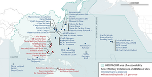 A map of the US Indo-Pacific command area of responsibility showing numerous military installations and defense sites in various countries